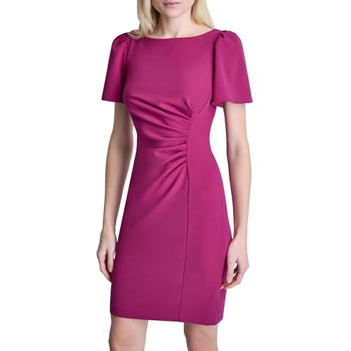 DKNY Women's Short Sleeve Jewel Neck Scuba Crepe Sheath Dress, Boysenberry, 16