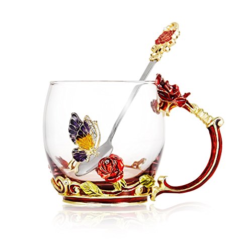 Tea Cup Coffee Mug Cups Clear Glass & Spoon Handmade Butterfly Rose ,12 oz (Rose Box)