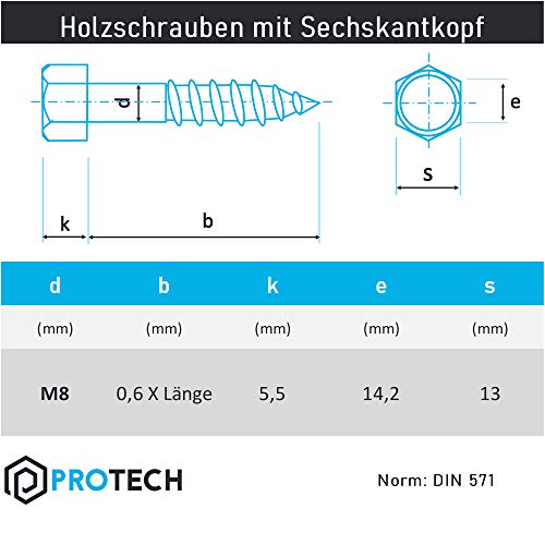 PROTECH 10 Stück Sechskant Holzschrauben M8 - DIN 571 - M8x40 Edelstahl A2 V2A Rostfrei Sechskantschrauben… – Bild 3