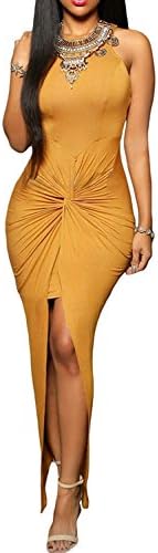 Elady Sexy Women Maxi Dress Slit Clubwear Night Party Bodycon Yellow (S)