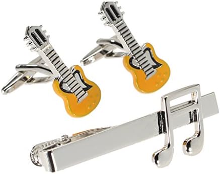 Mens 3pc Cufflinks and Tie Bar Gift Set Music Themed Yellow Guitar Music Note