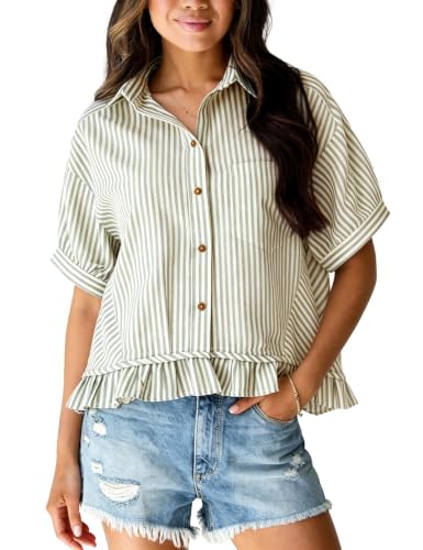 Flygo Womens Cropped Striped Button Down Shirts Peplum Short Sleeve Collared Blouse Cute Summer Casual Ruffled Dressy Tops(Olive-S) at Amazon