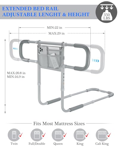 Siebenschläfer Bed Rails for Elderly Adults Safety, Extended Bed Assist Rail for Seniors - Adjustable Side Bed Guard Rails Handle Support Bar with Storage Bag, Fit King Queen Full Twin Bed