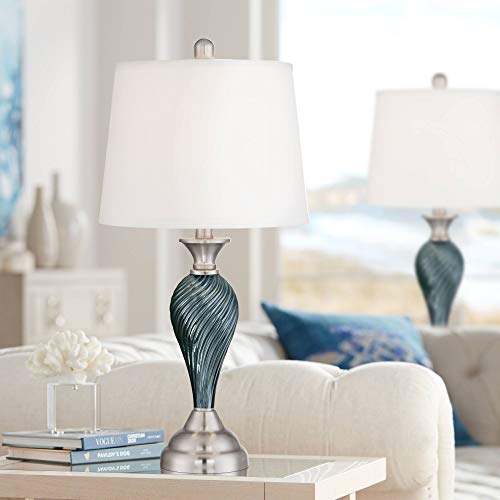 Arden Modern Table Lamps Set of 2 Green Blue Glass Twist Column Steel Base Empire Shade for Living Room Family Bedroom - Regency Hill