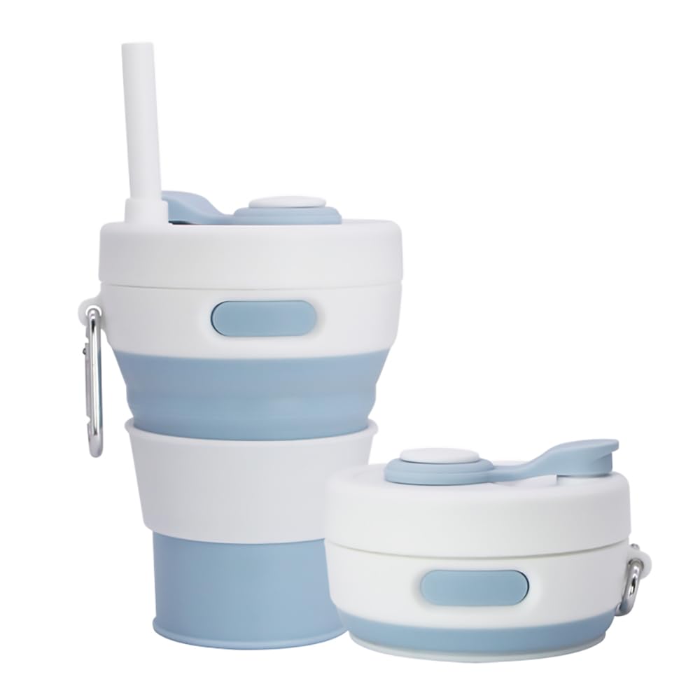UNNESTAR Collapsible Camping Cup with Straw Silicone Folding Coffee Cup Sport Bottle Portable Travel Outdoor Car 16oz 20oz (Light Blue) — image 1