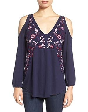 Open Shoulder Embroidered Blue Peasant Top, Size Medium