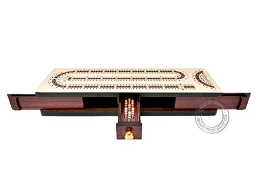 House of Cribbage - Continuous Cribbage Board Alphabet e Shape inlaid in Maple Wood / Bloodwood : Size - 12.5" x 4" - 3 Track - Separate Storage Space for Two Deck of Cards & Pegs