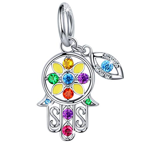 Hamsa Hand fit Pandora Charms Bracelet, 925 Sterling Silver Good Luck Vintage Fatima Hand Dangle Charms Pendant with Blue Evil Eye for Snake Chain Bracelet Necklace FQ0053