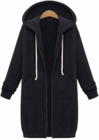 Winter Coats Women Long Hooded Sweatshirts Coat Casual Pockets Zipper Solid Outerwear Hoodies Jacket Black M