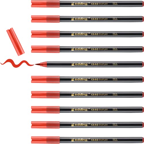edding 1340 brush pen - red - box of 10 - flexible brush tip - felt-tip pen for painting, writing and drawing - bullet journals, hand lettering, mandalas, calligraphy