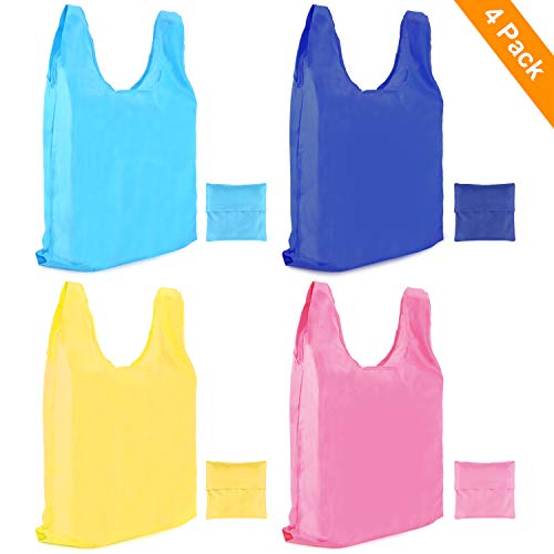 4 Pack Reusable Grocery Bags, BetyBedy Foldable Shopping Bags with Attached Pouch, Washable Grocery Totes for Groceries, Shopping, Travel(Pink, Navy Blue, Yellow, Blue)