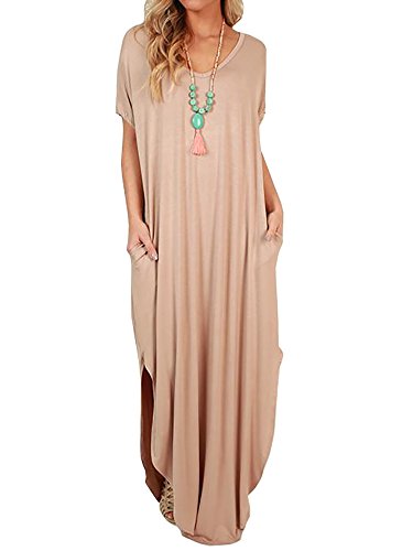 Imysty Womens Casual Short Sleeve Loose Fitting Side Split Long Maxi Dresses with Pockets