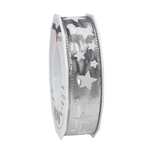 Präsent - Stern Printed Ribbon Silver 20-m-Roll 25 mm width