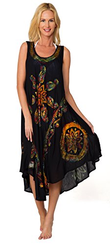 INGEAR Sleeveless Sequin Handkerchief Embroidery Kaftan Umbrella Dress Cover Up (One Size, Black Multi)