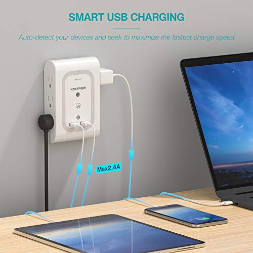 Outlet Extender, Surge Protector with Night Light(Dusk-to-Dawn Sensor), KOOPER 6-Outlet Adapter with 2 USB Ports, 1080J Wall Mount Outlet for Hallway, Stairs, Bathroom, Kitchen (Ice-Blue Light)
