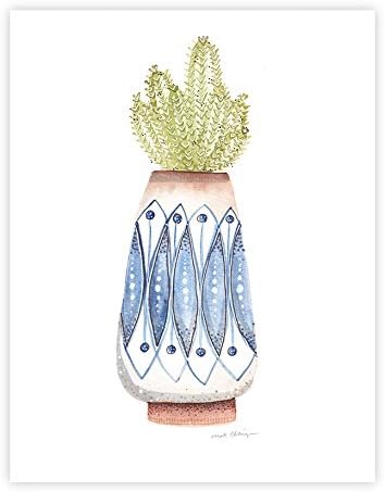 Mid Century indigo vase and cactus succulent art print of original watercolor painting.