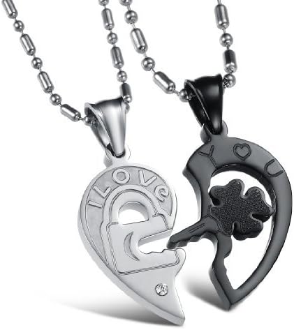 Superior Trade Fashion Jewelry Stainless Steel Couple Necklace Set Crystal " I Love You "Key to Lock Puzzle Heart Pendant