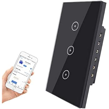 HHGAOKO Wifi Smart Light Switch, Touch Light Switch with LED Indicator Tempered Glass Panel US Standard Wall Light Switch 3 Gang,Timer Function,Wireless Lighting Control (3 Gang Light Switch Black)