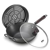 Wok, 13 Inch carbon steel wok pan with steamer & stir-fry pans nonstick, Pre-Seasoned 5.8QT Flat Bottom Chinese Woks Paella Pan with lid, Carbon Steel Cookware, Compatible with All Cooktops