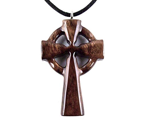 Wooden Celtic Cross Pendant Necklace Christian Jewelry Hand Carved in Granadillo