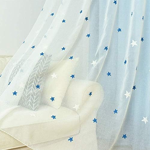 AiFish Blue and White Star Sheer Curtains Embroidered Window Curtain Panels Rod Pocket Voile Modern Home Decor Gauze Tulle Curtains for Kids Star Themed Bedroom Living Room 1 Panel W52 x L63 inch