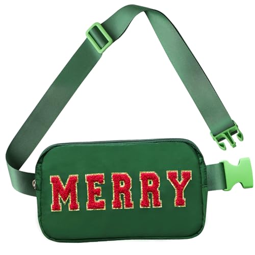 Christmas Fanny Pack, Merry Letter Belt Bag, Green Christmas Purse Crossbody Bag Nylon Adjustable Strap, Christmas Gifts For Girls Boys Women Men