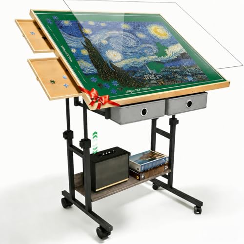 KAPEICamper 1500 Piece Puzzle Table with Adjustable Height, Jigsaw Puzzle Board with 4 Wooden Drawers & 2 Large Fabric Drawer & Cover & Storage Shelf, 86x67cm Angle Board Easel with Wheels for Adult