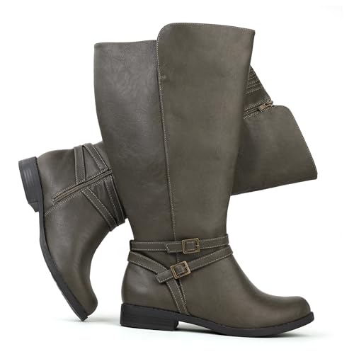 Chicblooms Women's Super Extra Wide Calf Side Zipper Double Buckle Knee High Riding Boots, Olive PU, 11 M US at Amazon