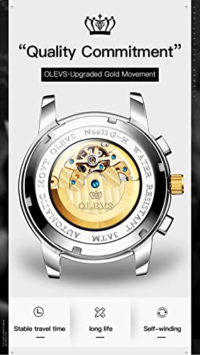 OLEVS Automatic Mens Watches Mechanical Luxury Dress Moon Phase Stainless Steel Waterproof Luminous Calendar Wrist Watches,White,Mechanical