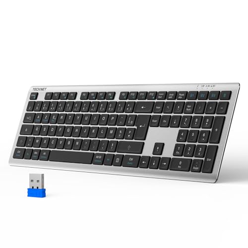 TECKNET Ultra-Thin Rechargeable Wireless Keyboard, 3 Channel Multi-Device Bluetooth Keyboard, Silent Soft Keyboard, Compatible with Mac OS and Windows, Stable Connection and Long Battery Life