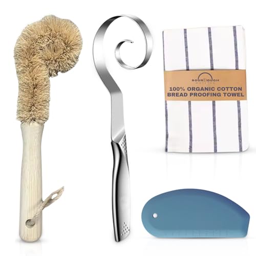 Sourdough whisper essential Tools Set with seamless Danish dough whisk, blue silicon Scraper, organic cotton proofing towel and wood brush (Sourdough Baking Kit A)