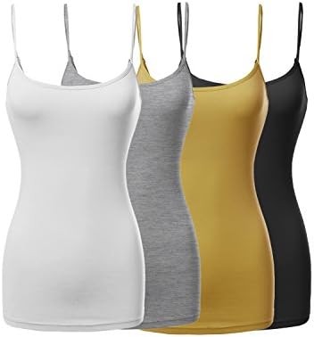 Made by Emma Women's Basic Solid Long Length Adjustable Spaghetti Strap Tank Top 4 Pack