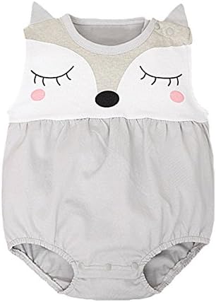 FlyBear Girls Jumpsuits Romper Bodysuit Cute Newborn Baby Fox Print Sleeveless Gray 6 Months