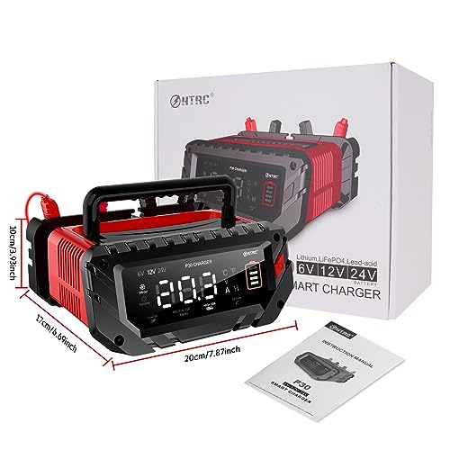 HTRC 6 V/12 V/24 V car battery charger, 30 A chargers for car batteries, battery charger for car, motorcycle, lawn mower, boat, lithium, LiFePO4 and lead acid (AGM, Gel, MF, EFB, SLA, VRLA, Wet)