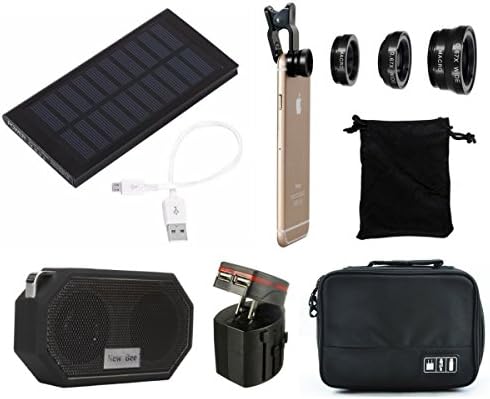 PHONEKIT PREMIUM Cell Phone Audio Visual Travel Case Kit w/ 3 in 1 Camera Lenses, Wireless Mini Bluetooth Speaker, Solar Power Bank Charger, International World AC/USB Adaptor w/ Small Carrying Case