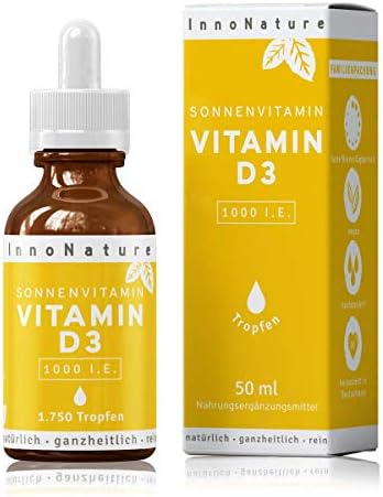 InnoNature Vitamin D Drops – 50ml High-Dose 1000 IU D3 per Drop – Virgin Olive Oil From Controlled Cultivation Farming
