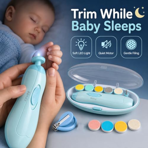 Gnker Baby Nail Trimmer, Electric Nail File & Baby Nail Cutter | 12-in-1 kit, 4 replacement pads, for newborn toddler fingernails & toenails, blue