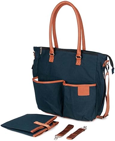 Diaper Bag - Navy Blue with Tan trim, quality Cotton Canvas Baby Bag / Tote Bag for moms with boy or girl, with matching change mat, stroller straps and shoulder strap. Cute, Fashionable and stylish