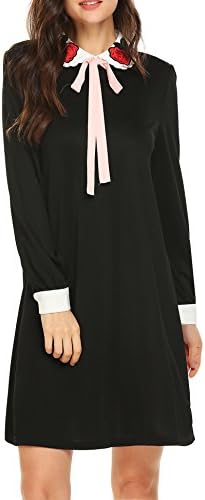 bubblebelle Women's Rose Embroidery Peter Pan Collar Bow Tie Long Sleeve Loose Wednesday Addams Dress,Black,XL