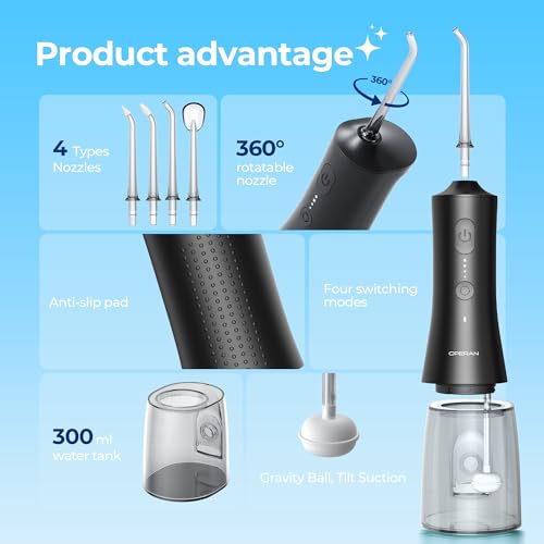 Operan Water Dental Flosser for Teeth Cordless, 300ML Rechargeable Oral Irrigator with 4 Modes, Water Flossers for Adults, IPX7 Waterproof, Use at Home/Travel, Black, 1 Pack + 4 Nozzles