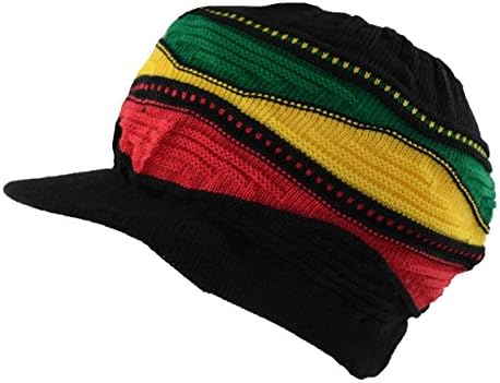 Men's Rasta-Inspired Patterned Woven Beanie Knit Cap with Bill