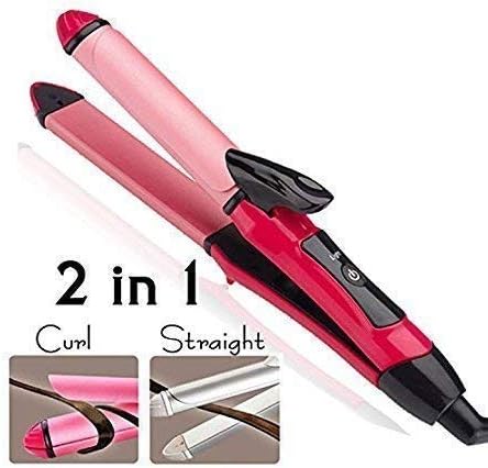 shree krishna 2-in-1 Ceramic Plate Essential Combo Beauty Set of Hair Straightener and Plus Curler (Pink)