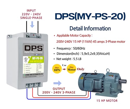 DPS 20HP MY-PS-20 Used for 15HP(11kW) 45A Motor, Single to 3 Phase Converter, 1 DPS Must Be Used for 1 Motor Only, Input/Output 200-240V, UL Listed