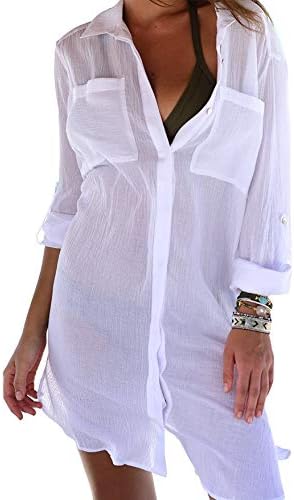 Hiistandd Women Beach Cover Up Shirt Beach Wear with Pockets Beach Dress Bikini Casual Tops
