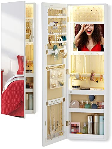 LUXFURNI Mirror with Storage, Jewelry Cabinet Armoire, Door/Wall