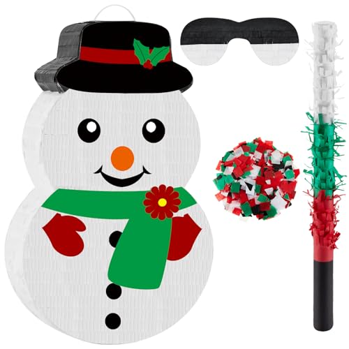 Christmas Piñata 16.5 Inch Snowman Piñata with Blindfold Bat and Confetti Winter Christmas Theme Birthday Party Indoor Outdoor Festival Carnival Party Supply Xmas Game Decorations