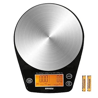 ERAVSOW Coffee Scale with Timer, Digital Hand Drip Coffee Scales,Stainless Steel Kitchen Food Weight Scale with Precision Sensors LCD Display &amp; Hanger Hole 6.6lb/3kg (Batteries Include)