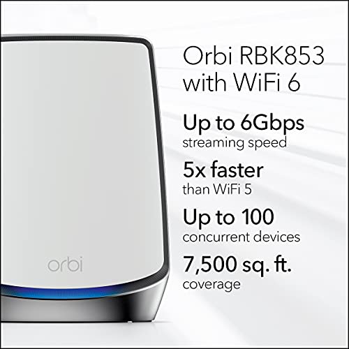 NETGEAR Orbi Whole Home Tri-Band WiFi 6 Mesh Network System (RBK853) – Router with 2 Satellite Extenders, Security Features, Coverage Up to 7,500 Square Feet, 100 Devices, AX6000 (Up to 6Gbps)