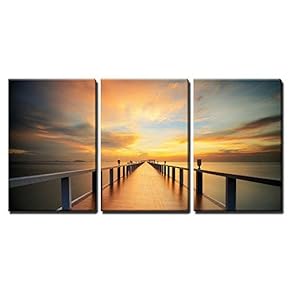 3 Piece Canvas Wall Art - Wooded Bridge in The Port Along Sunrise. - Modern Home Art Stretched and Framed Ready to Hang - 16"x24"x3 Panels