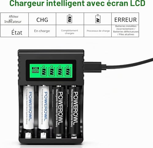 POWEROWL 4 Slots Chargeur Piles Rechargeable Charge Rapide pour AA AAA Rechargeable avec Port USB